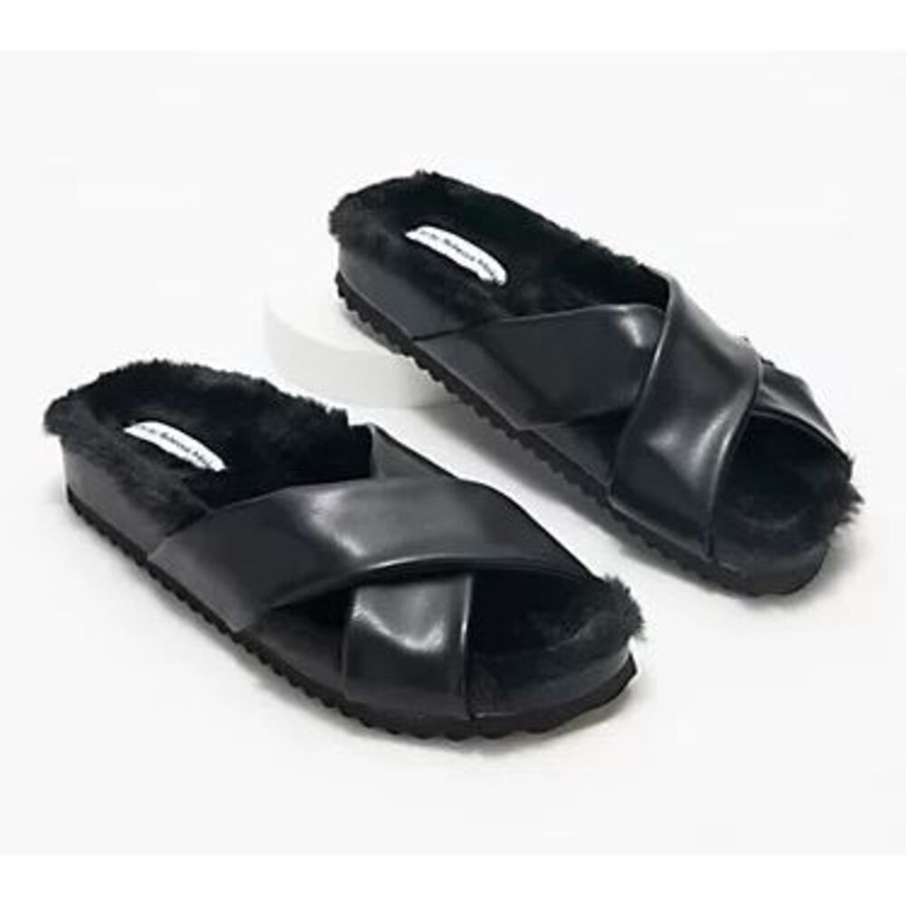 Rebecca Minkoff $78 Faux Leather X-Cross Slippers Cozy Fur Lined Sz 8 NWOT